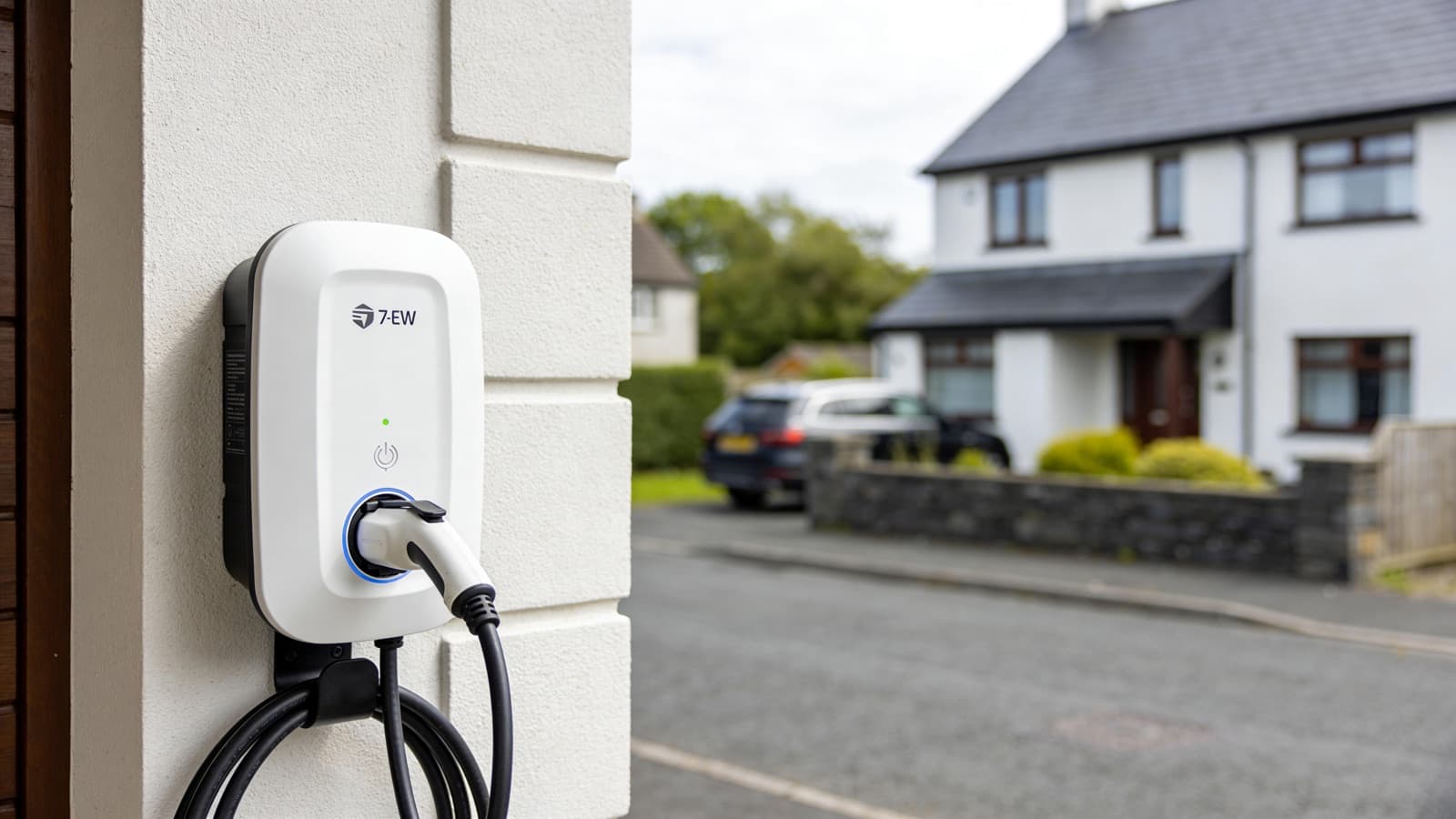 A sleek white 7kW home EV wall charger mounted on a modern Irish house exterior with the charging cable coiled on its holster