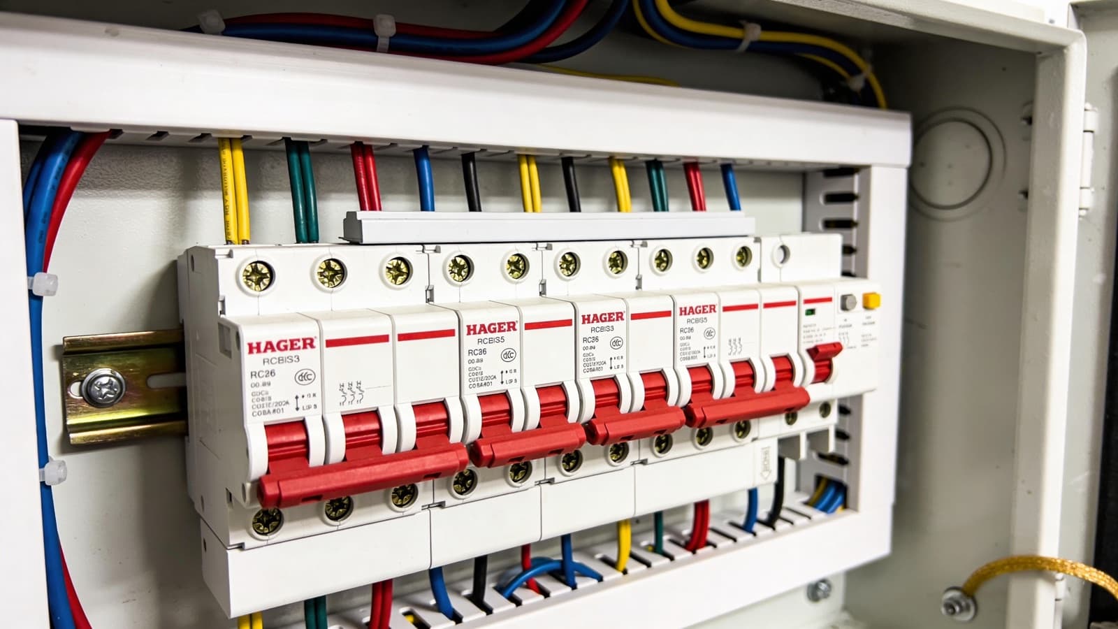 A modern Hager consumer unit with rows of RCBO circuit breakers and tidy cabling installed in an Irish home