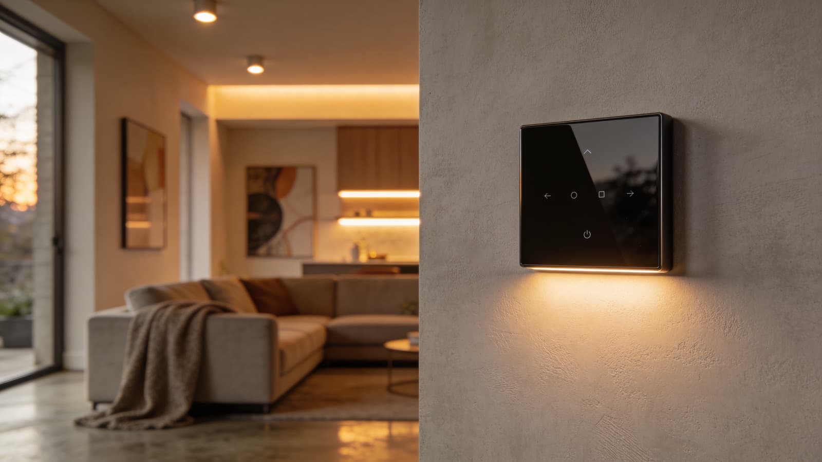 A modern wall-mounted smart home control touch panel in a contemporary Irish living room with ambient lighting
