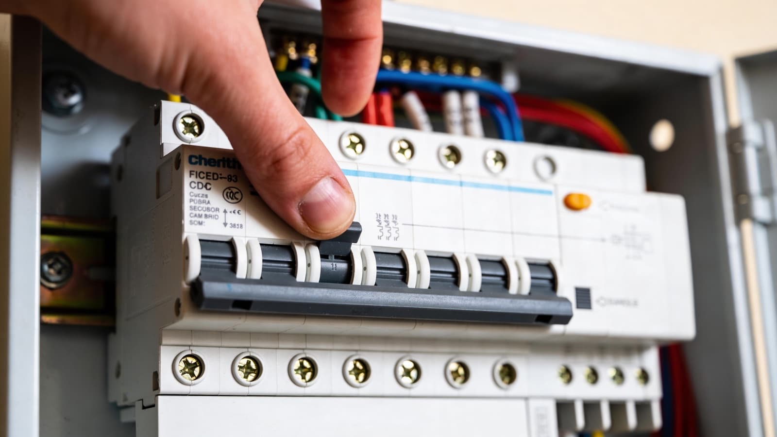 A hand resetting a tripped breaker on a domestic consumer unit fuse board in an Irish home