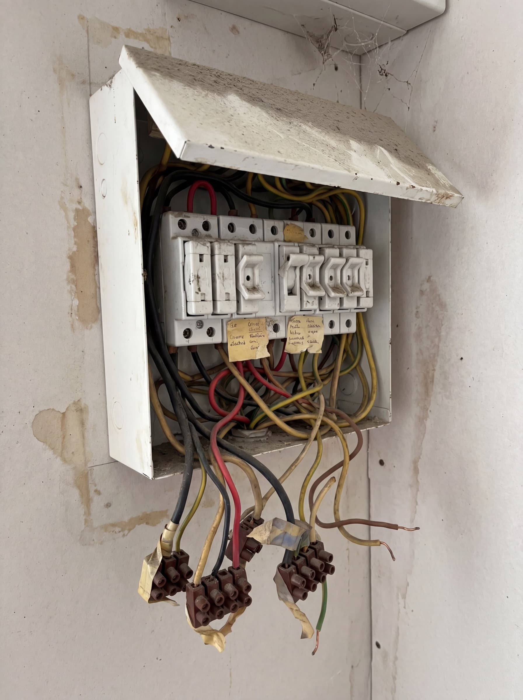 Old 1980s consumer unit with rewireable porcelain fuses, tangled VIR cabling, brown chocolate-block terminations and dust — the kind of board J Cowman Electrical replaces