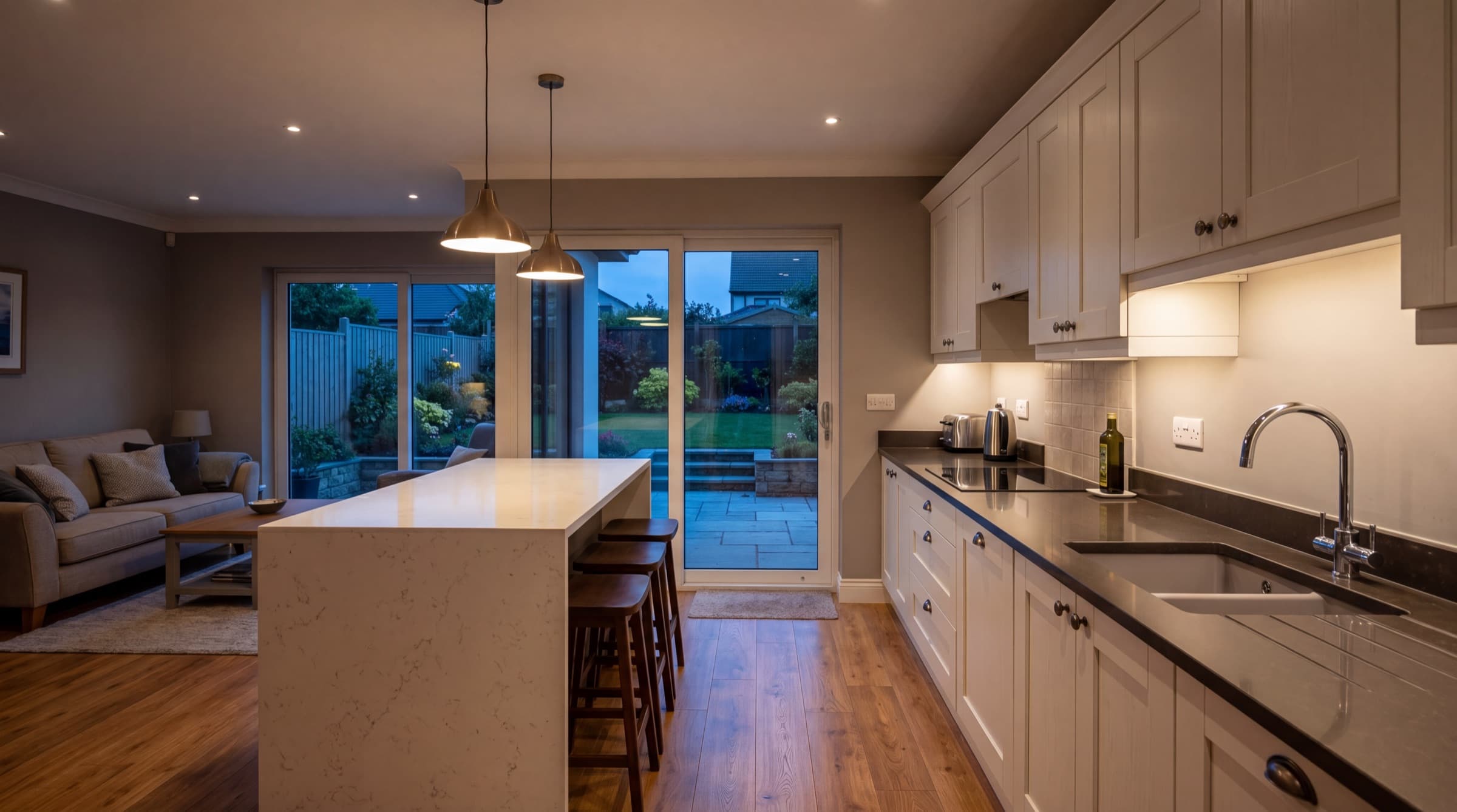 Modern Irish family home open-plan kitchen interior at dusk with warm pendant lighting