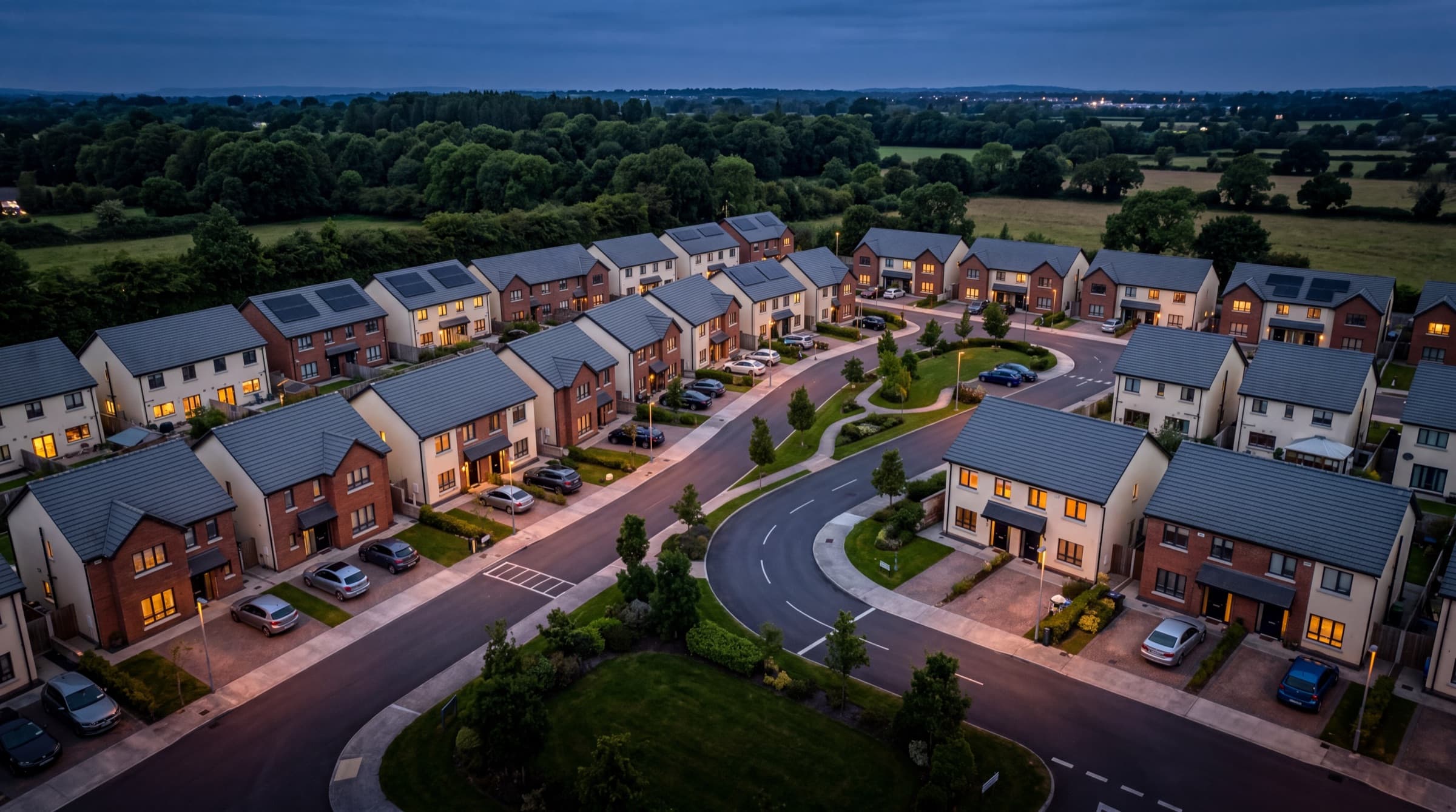 Aerial drone view of a completed Irish residential housing estate at blue-hour dusk with lit homes and tarmac estate roads