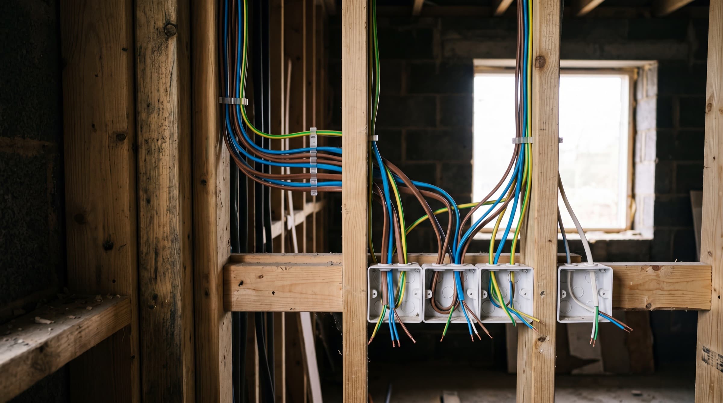 First-fix electrical wiring in an Irish new-build under construction, colour-coded cables clipped neatly to timber studs and threaded through back-boxes