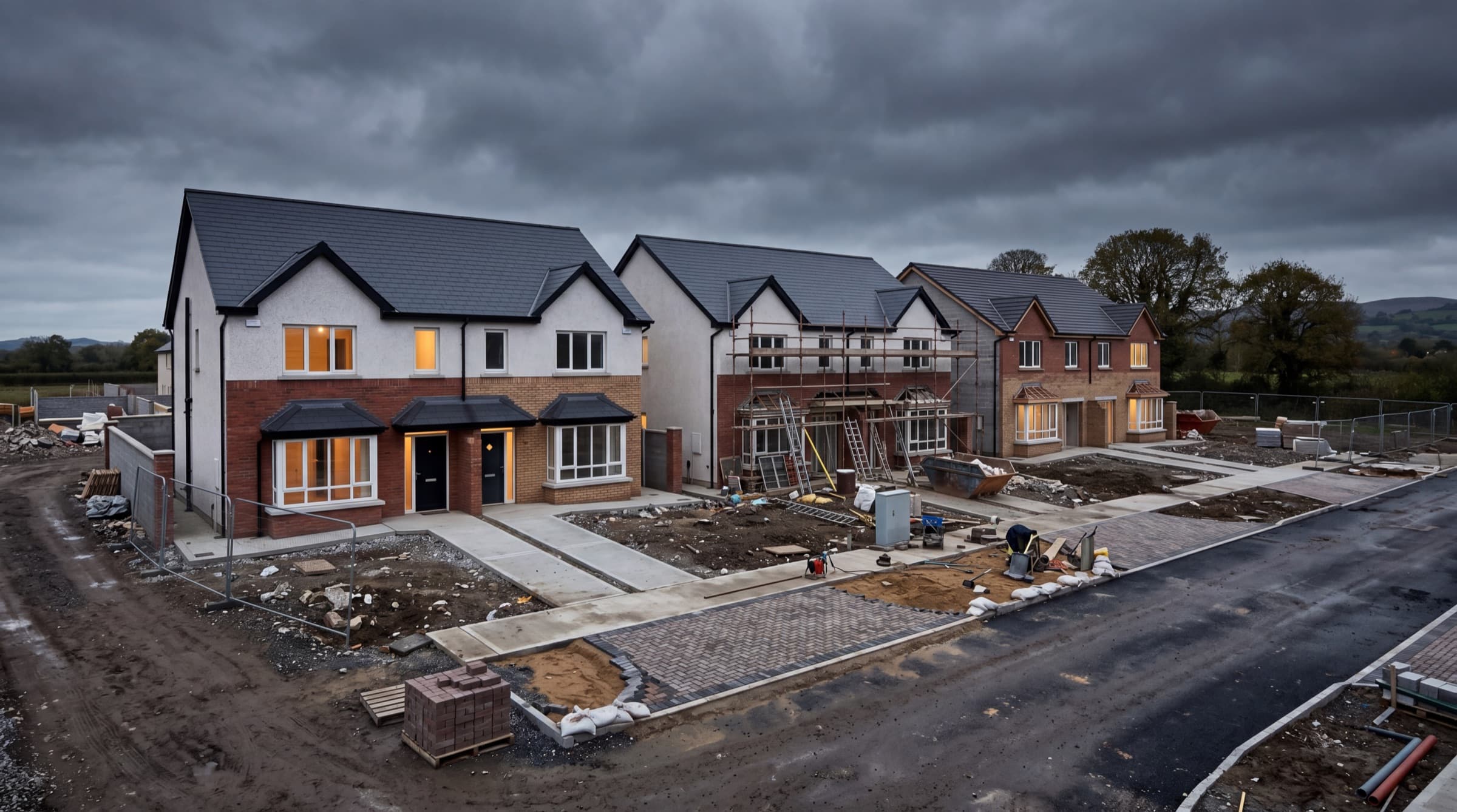 Modern Irish residential new-build development in late construction stage, with brick and render houses lit at dusk